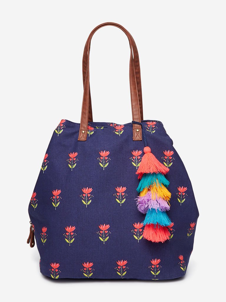 Westside Navy Floral Printed Simone Tote Bag