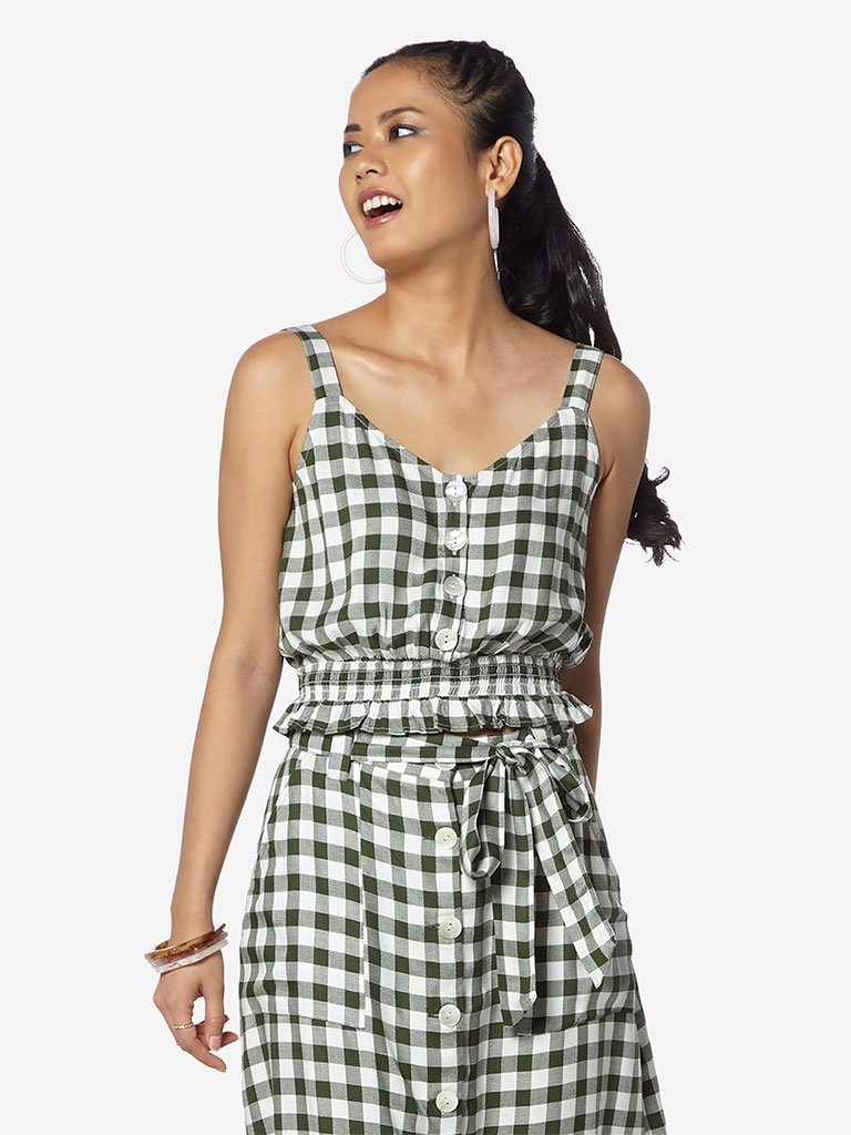 Nuon Khaki Checkered Gally Crop-Top