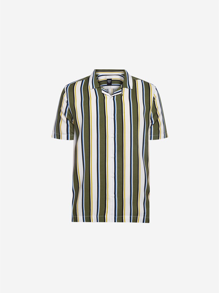Nuon Olive Striped Relaxed Fit Shirt