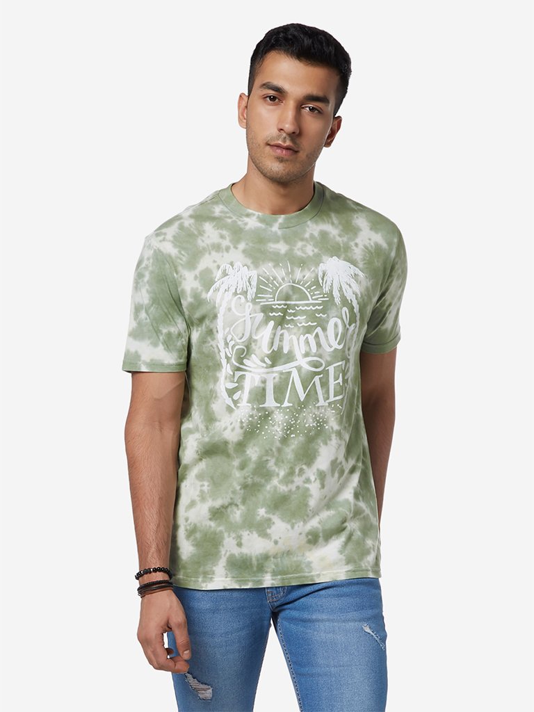 Nuon Sage Green Printed Slim Fit T-Shirt