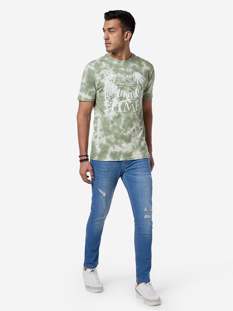 Nuon Sage Green Printed Slim Fit T-Shirt