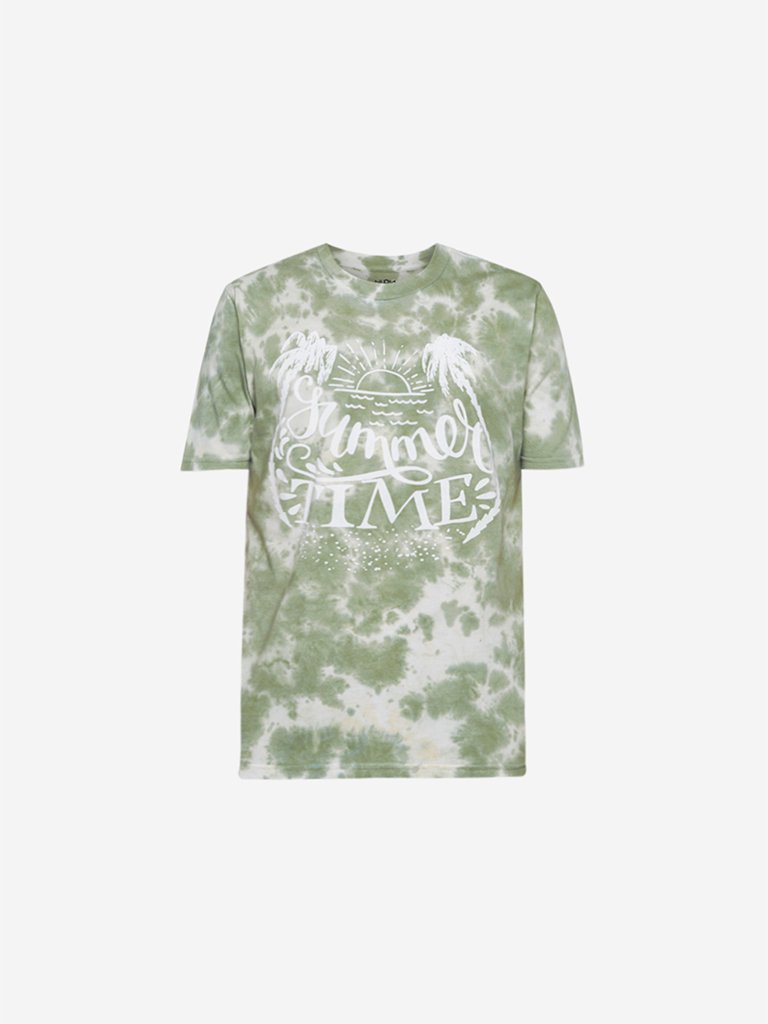 Nuon Sage Green Printed Slim Fit T-Shirt