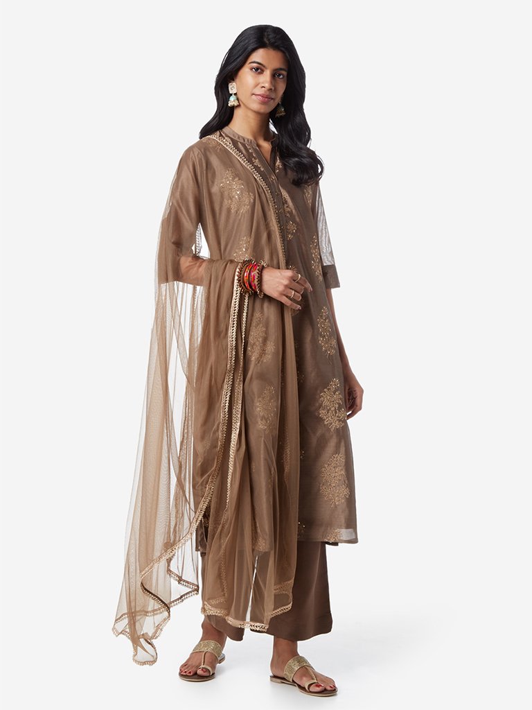 Vark Brown A-line Kurta And Palazzos Set