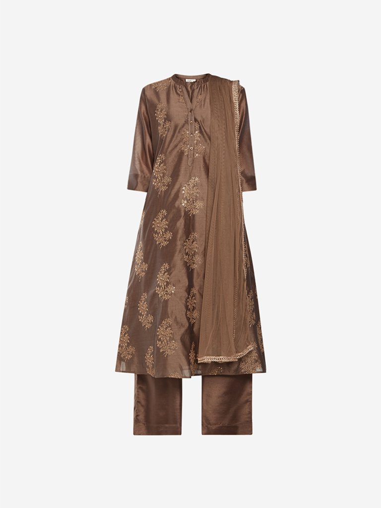 Vark Brown A-line Kurta And Palazzos Set