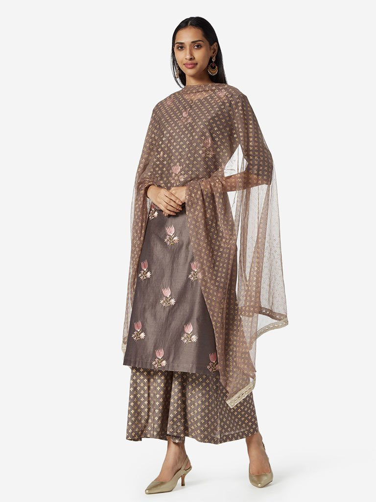 Vark Taupe Slim Fit Straight Kurta Ethnic Set