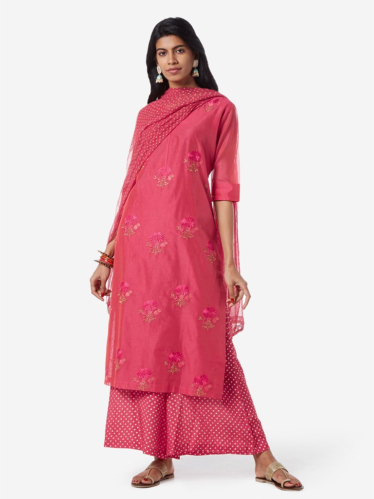 Vark Red A-line Kurta, Dupatta And Palazzos Set
