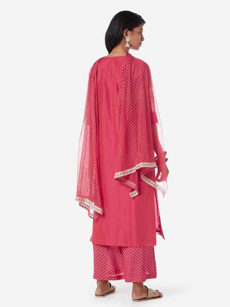 Vark Red A-line Kurta, Dupatta And Palazzos Set