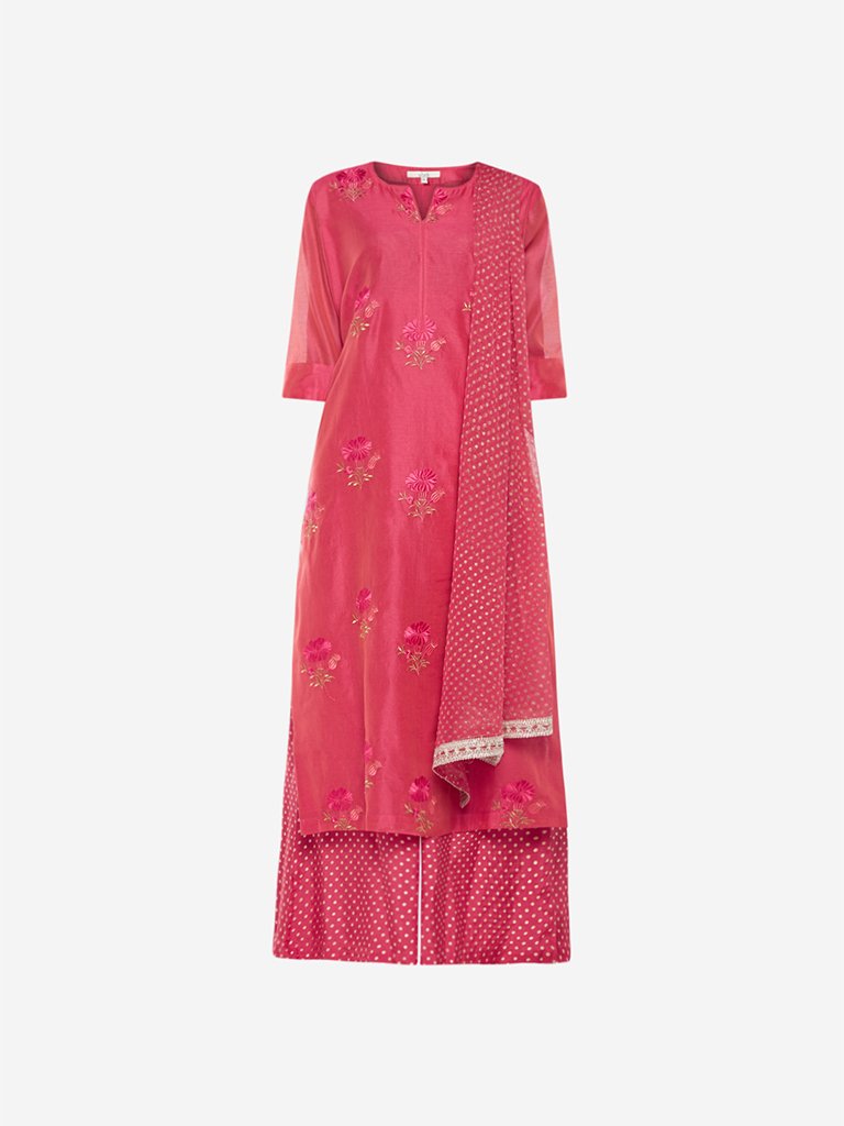 Vark Red A-line Kurta, Dupatta And Palazzos Set