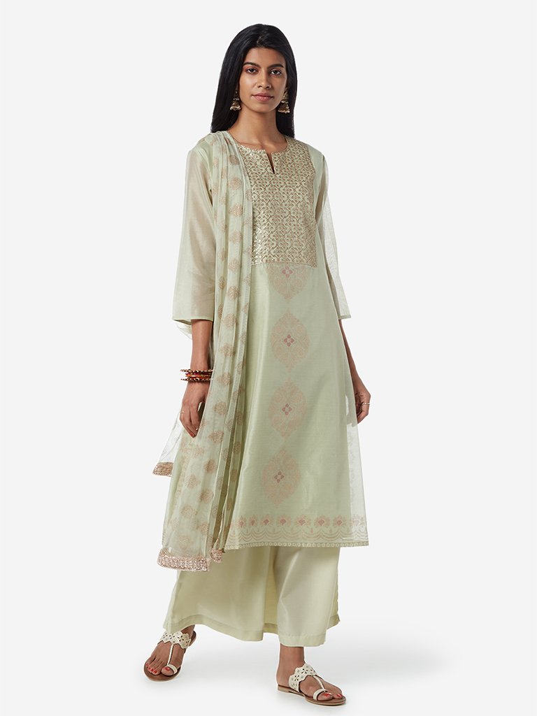 Vark Sage Green A-line Kurta And Palazzos Set