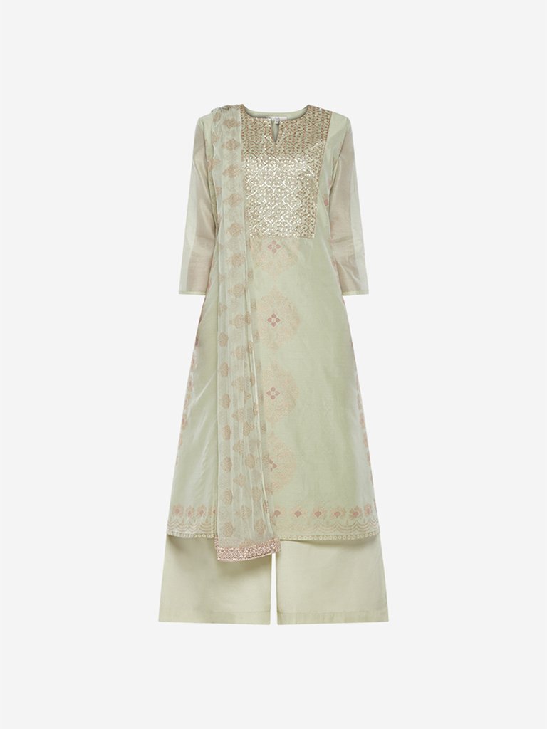 Vark Sage Green A-line Kurta And Palazzos Set
