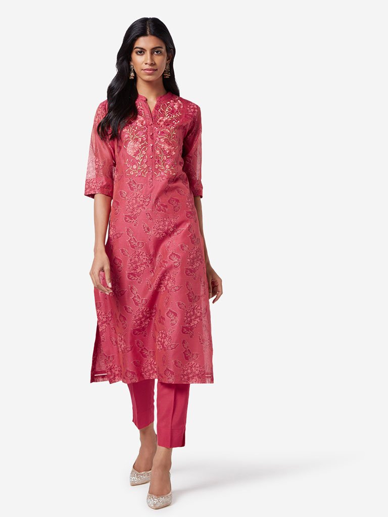 Vark Red Floral Kurta With Ethnic Pants Set