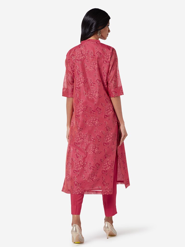 Vark Red Floral Kurta With Ethnic Pants Set