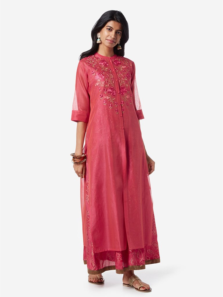 Vark Red Embroidered Kurta And Maxi Dress Set