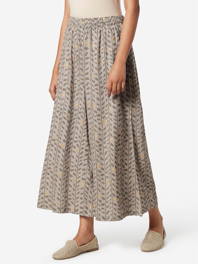 Utsa Beige And Grey Leaf Print Palazzos