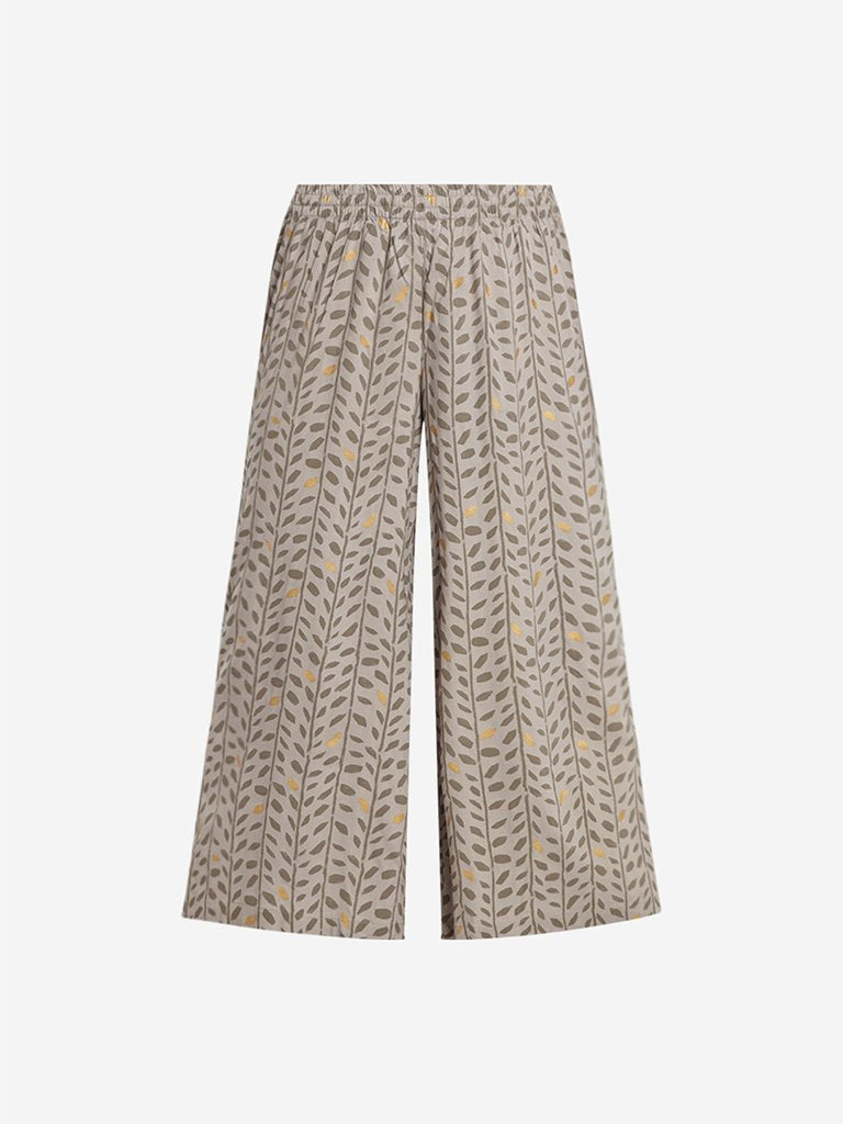 Utsa Beige And Grey Leaf Print Palazzos