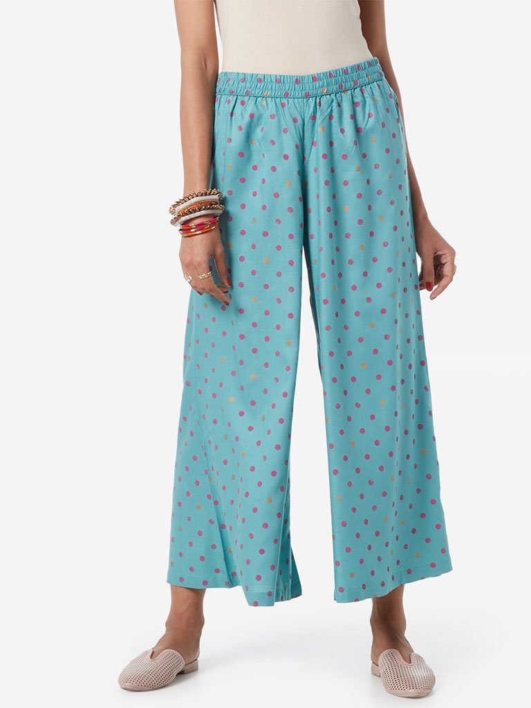 Utsa Turquoise Circular Printed Palazzos
