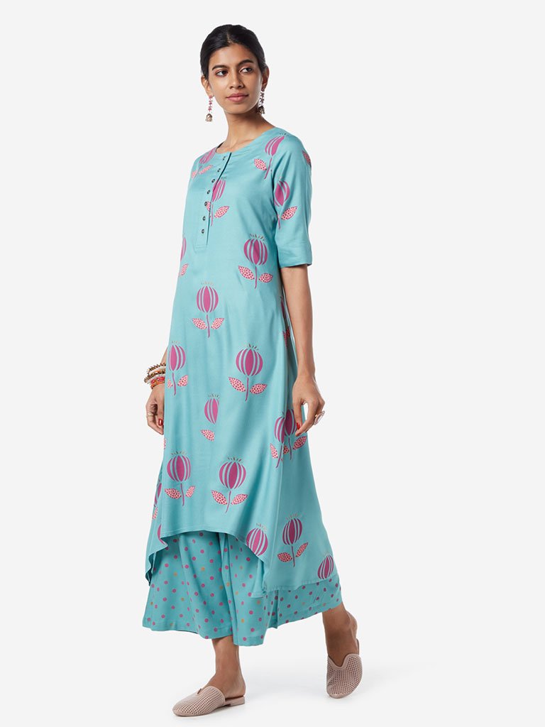 Utsa Turquoise Circular Printed Palazzos