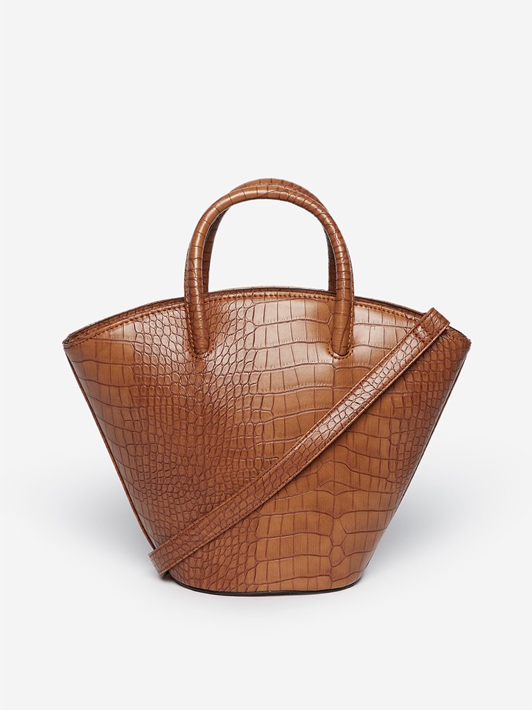 LOV Brown Crocodile-Textured Bucket Bag