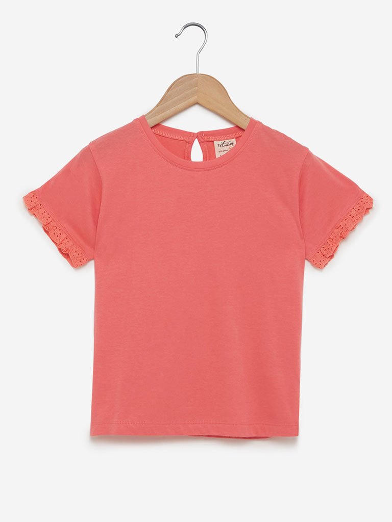 Utsa Kids Coral Ruffle Broderie Anglaise T-Shirt