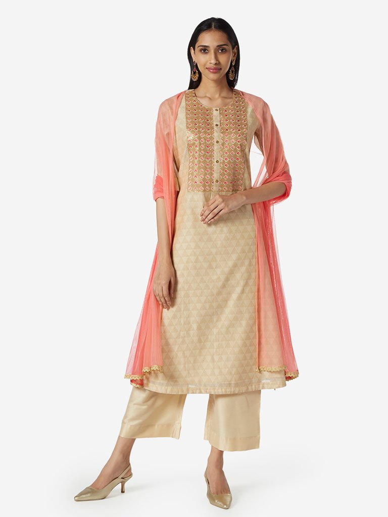 Vark Beige Straight Kurta And Palazzos Set