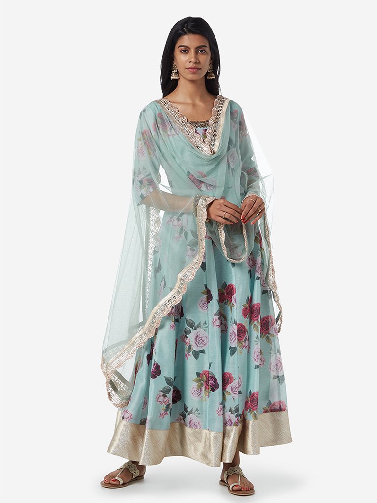 Vark Light Blue Floral Maxi Dress And Dupatta