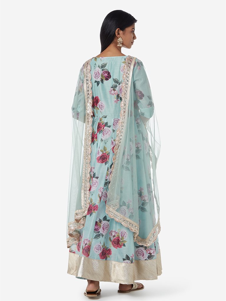 Vark Light Blue Floral Maxi Dress And Dupatta