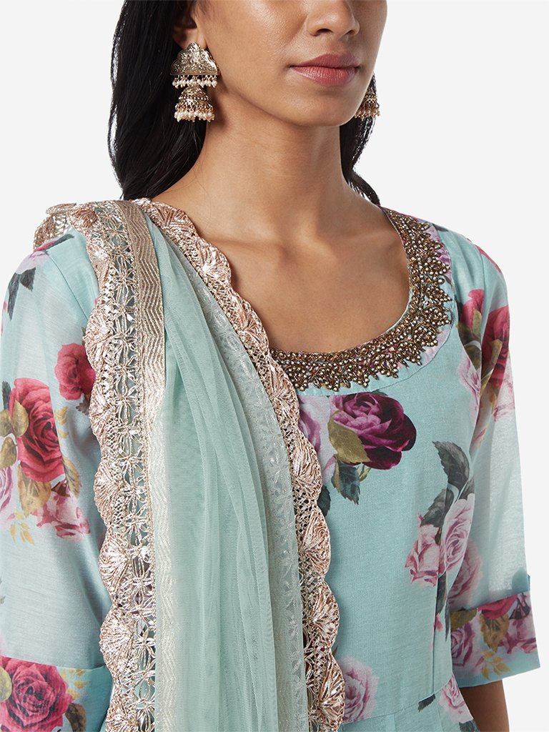 Vark Light Blue Floral Maxi Dress And Dupatta