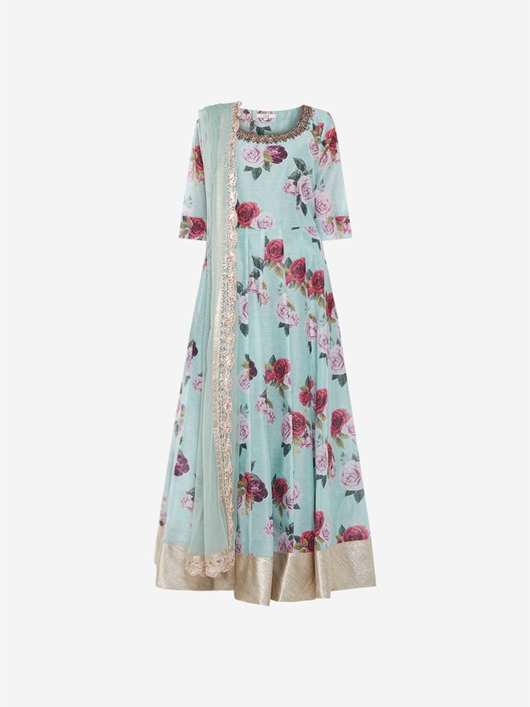 Vark Light Blue Floral Maxi Dress And Dupatta