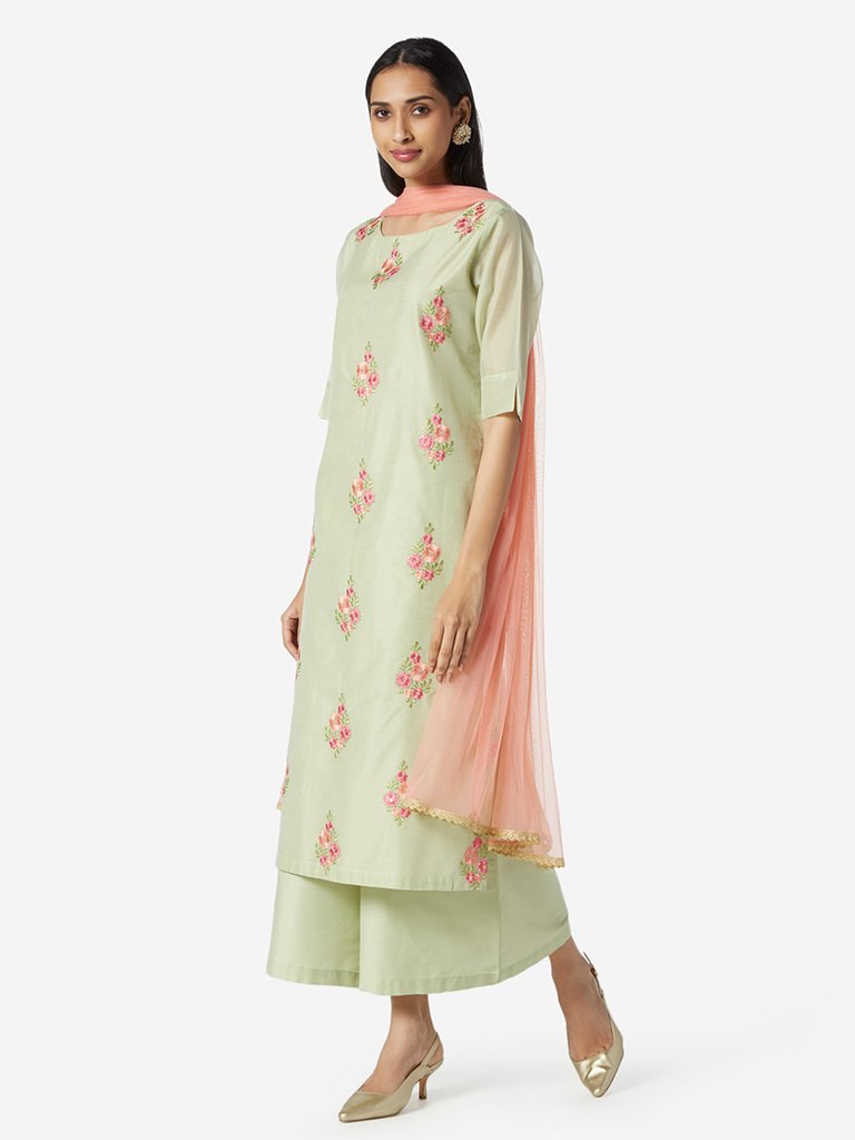 Vark Sea Green Kurta, Palazzos And Dupatta
