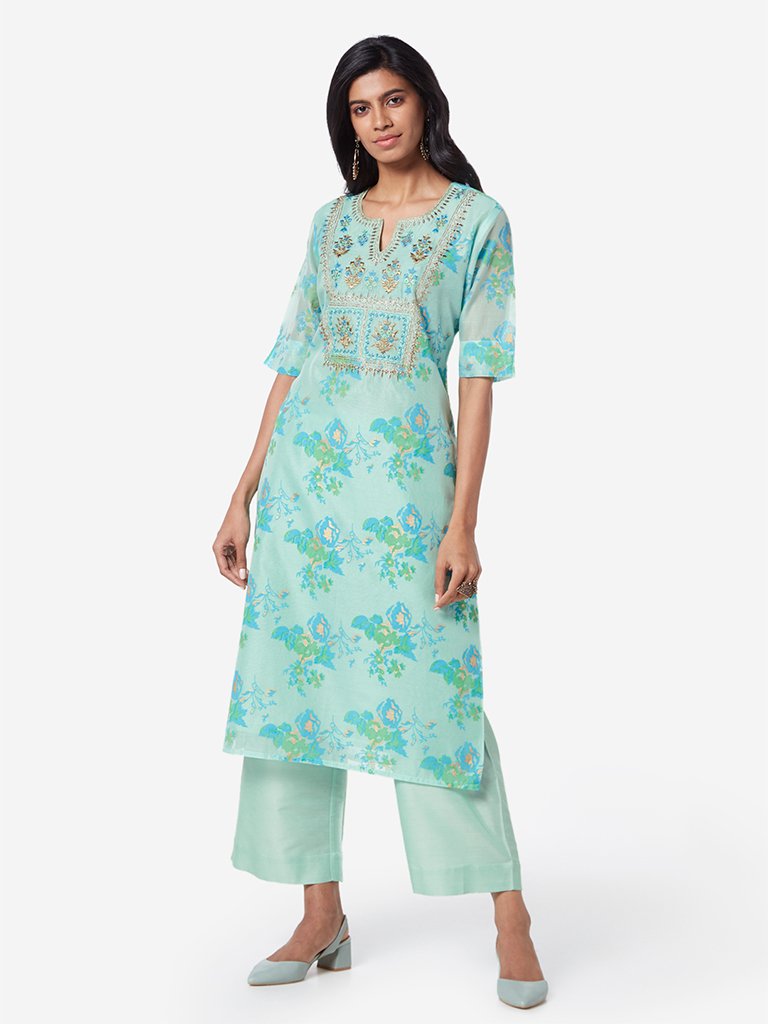 Vark Sea Green Straight Kurta And Palazzos Set
