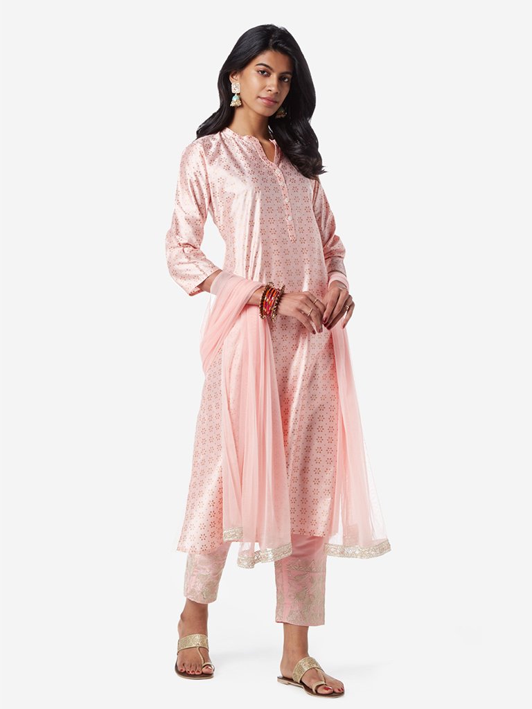 Vark Peach Printed Kurta. Dupatta And Palazzos