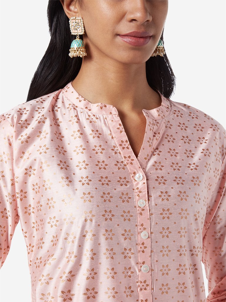 Vark Peach Printed Kurta. Dupatta And Palazzos