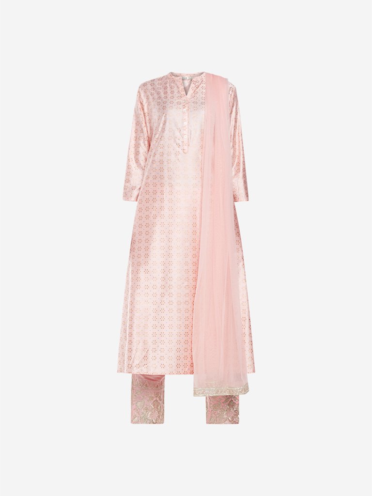 Vark Peach Printed Kurta. Dupatta And Palazzos