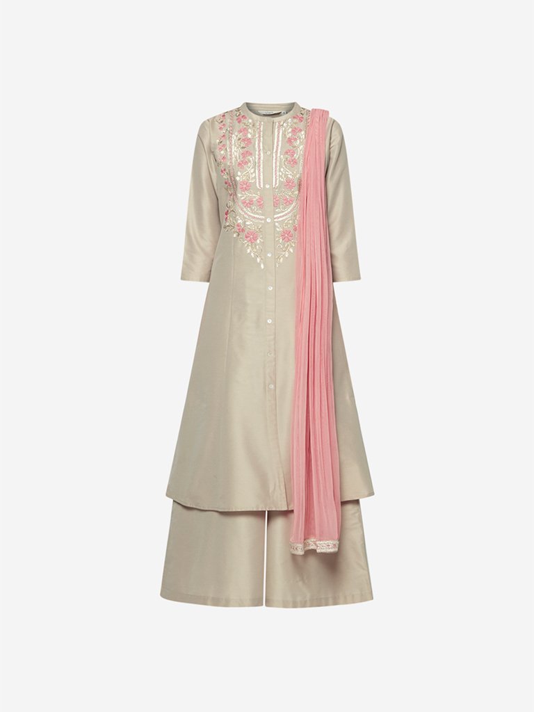 Vark Beige A-Line Kurta, Palazzos And Dupatta