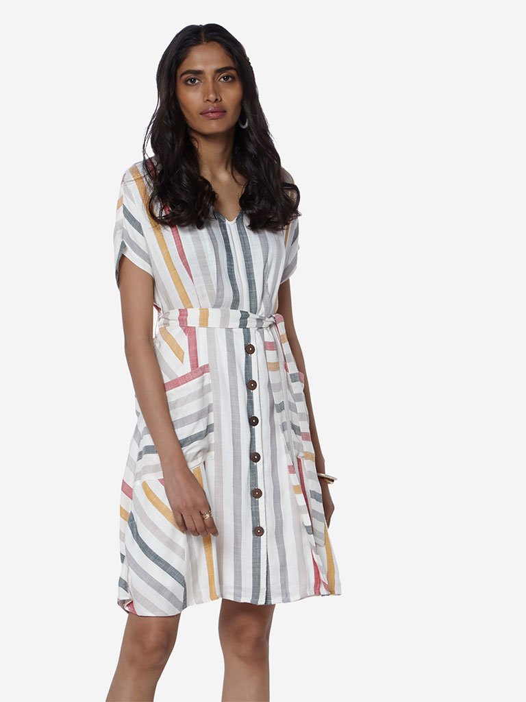 LOV Off-White Striped Nancy Dress With Belt