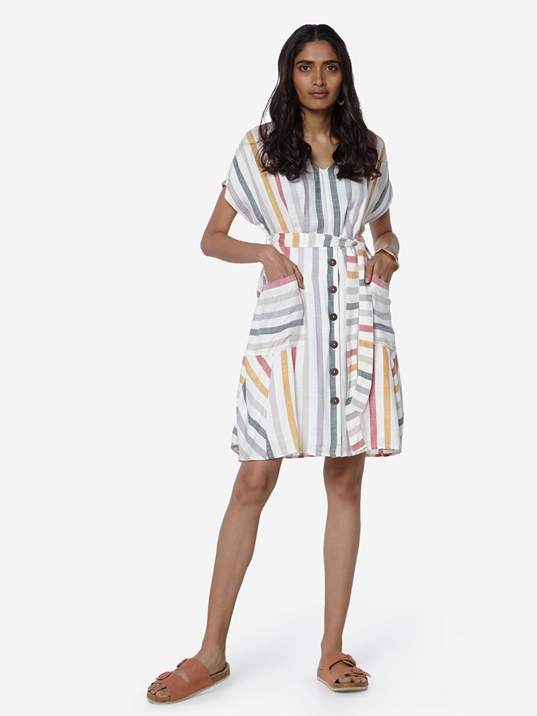 LOV Off-White Striped Nancy Dress With Belt