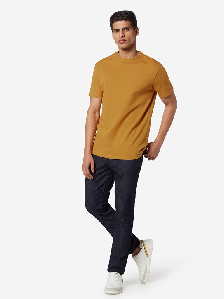 Ascot Mustard Self-Textured Slim Fit T-Shirt