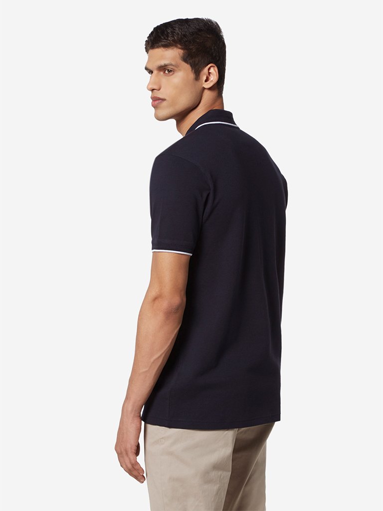 Ascot Navy Self-Textured Slim Fit Polo T-Shirt