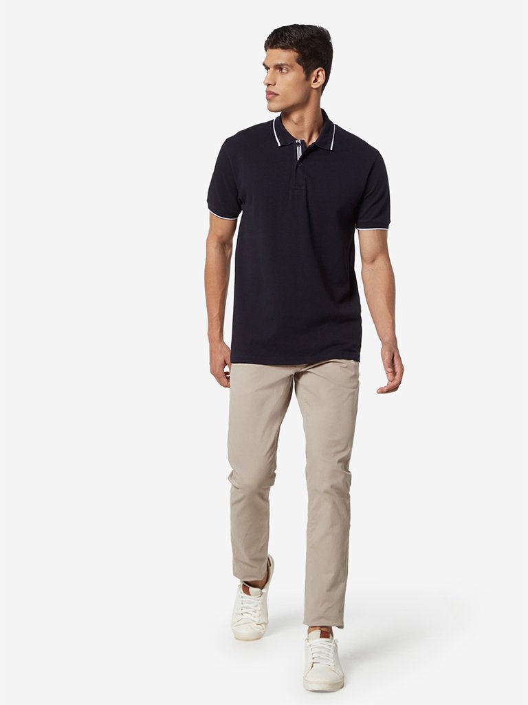 Ascot Navy Self-Textured Slim Fit Polo T-Shirt