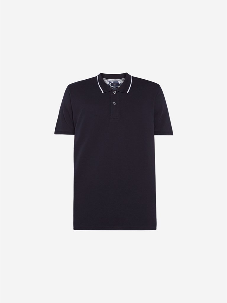 Ascot Navy Self-Textured Slim Fit Polo T-Shirt