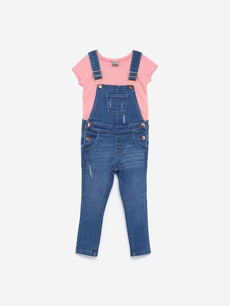HOP Kids Blue Dungarees And Peach T-Shirt Set