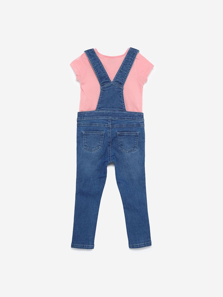HOP Kids Blue Dungarees And Peach T-Shirt Set