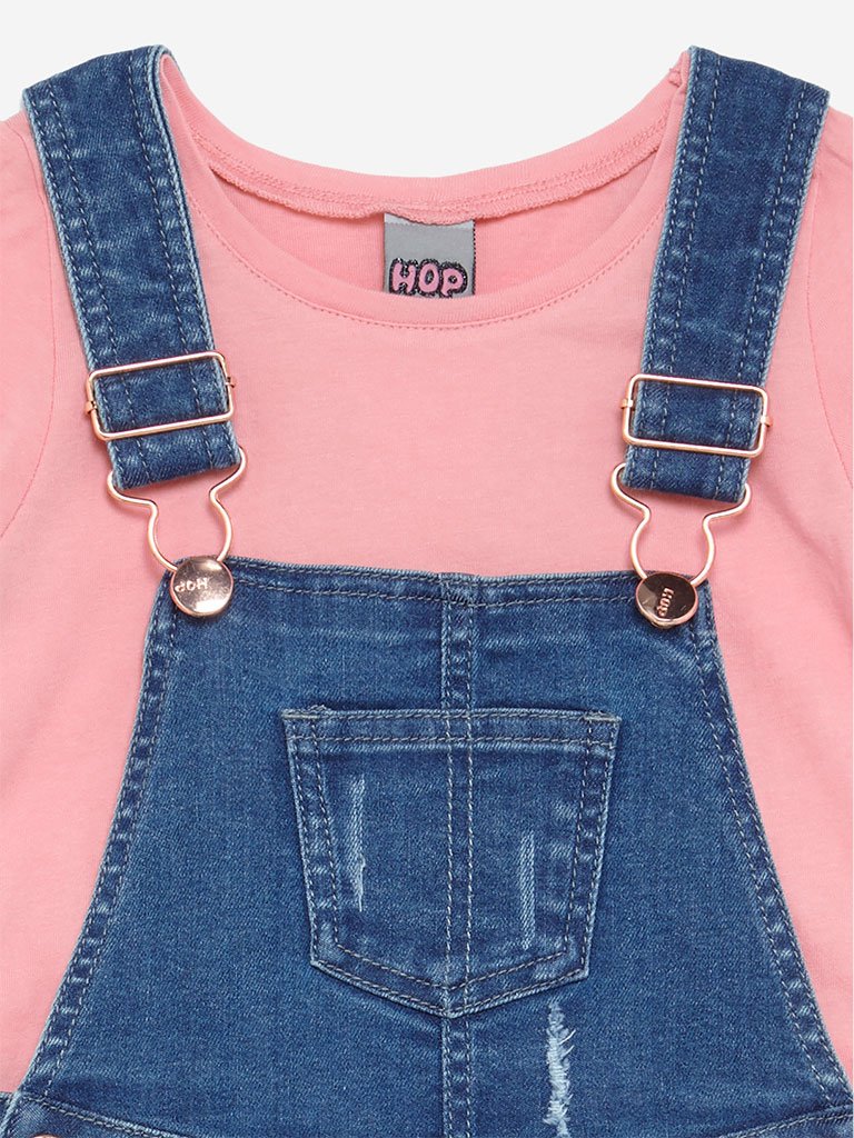 HOP Kids Blue Dungarees And Peach T-Shirt Set