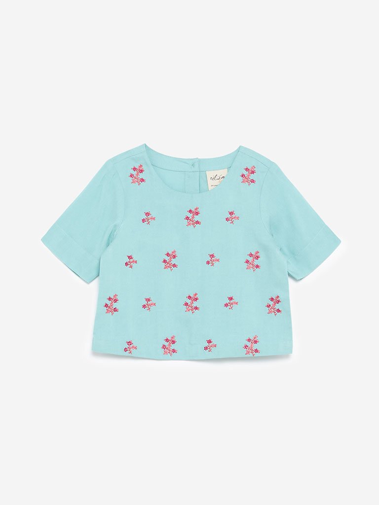 Utsa Kids Turquoise Floral Embroidered Crop-Top