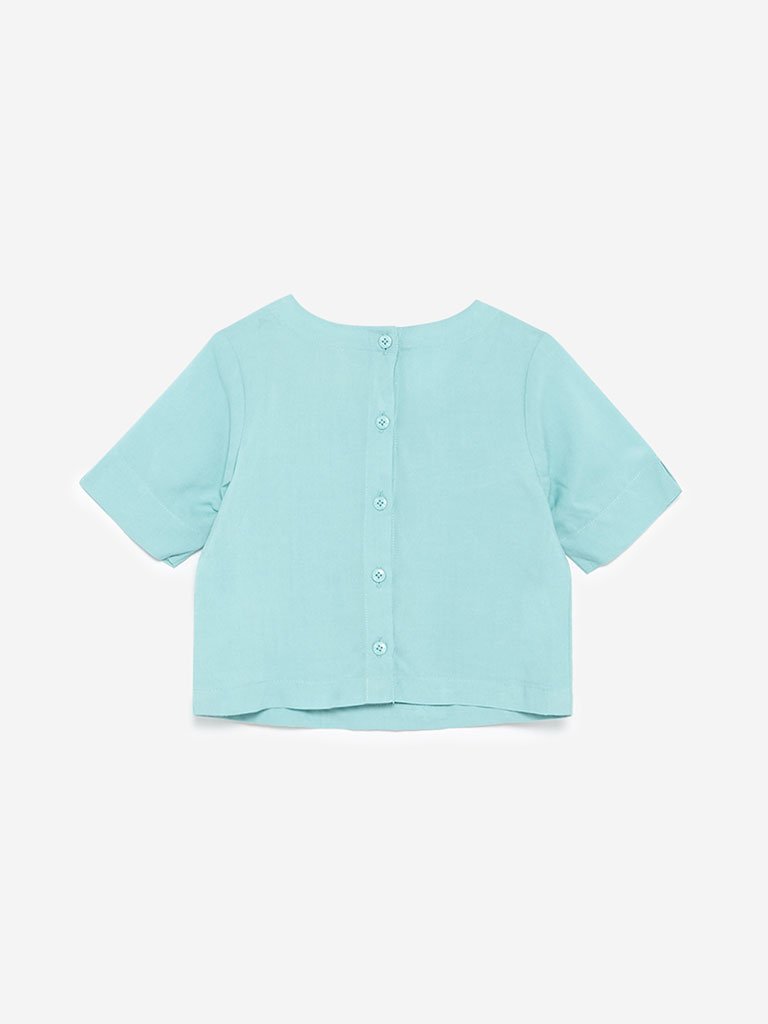 Utsa Kids Turquoise Floral Embroidered Crop-Top