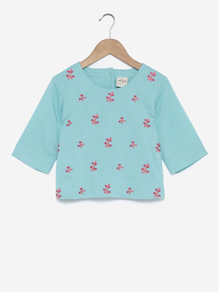 Utsa Kids Turquoise Floral Embroidered Crop-Top