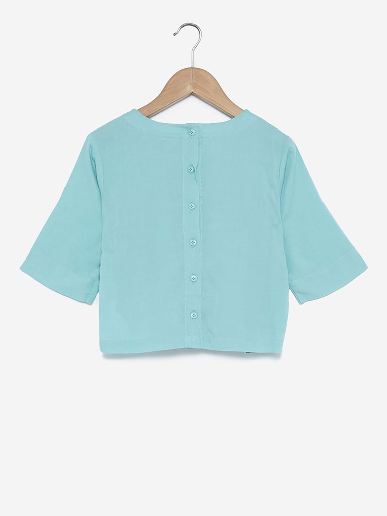 Utsa Kids Turquoise Floral Embroidered Crop-Top