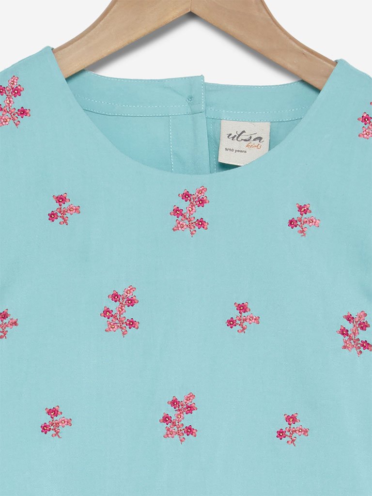 Utsa Kids Turquoise Floral Embroidered Crop-Top
