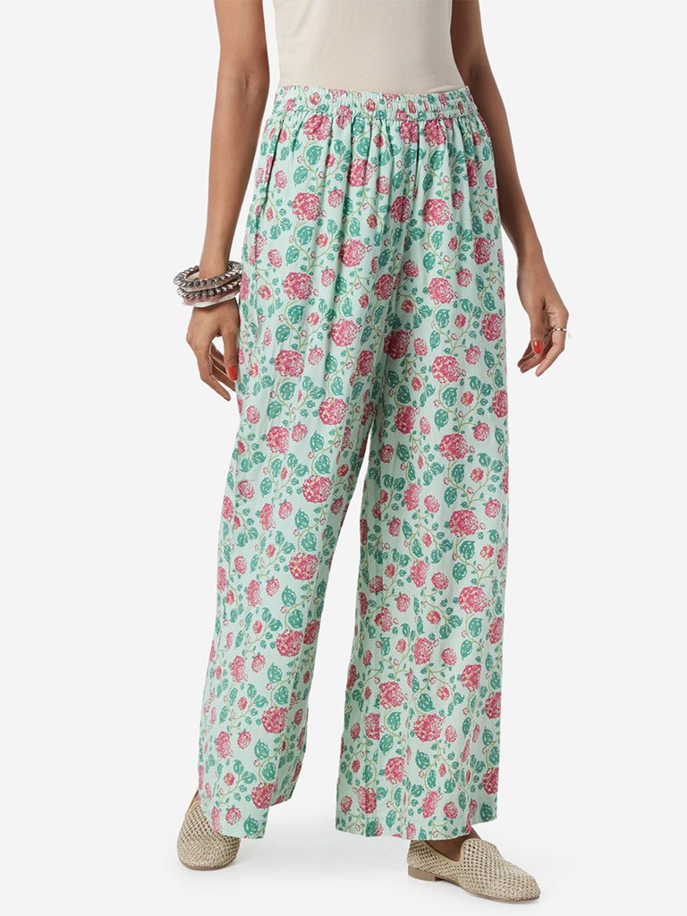 Zuba Mint Floral Flared Palazzos
