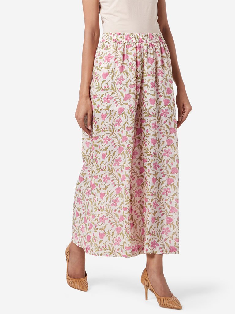 Zuba Off White Floral Patterned Palazzos